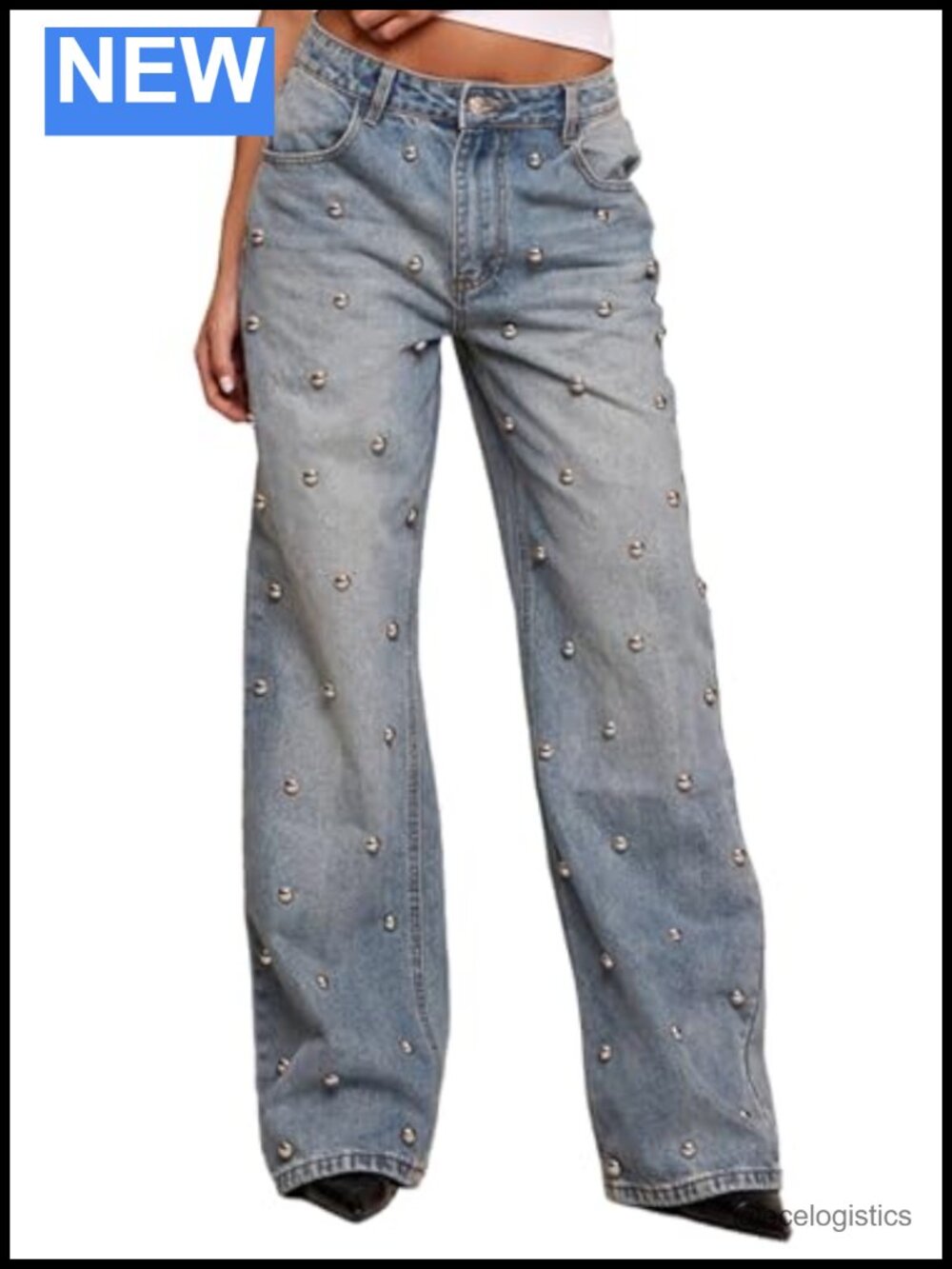 Women's Wide Leg Glitter Jeans High Rise Sparkly Denim Pants